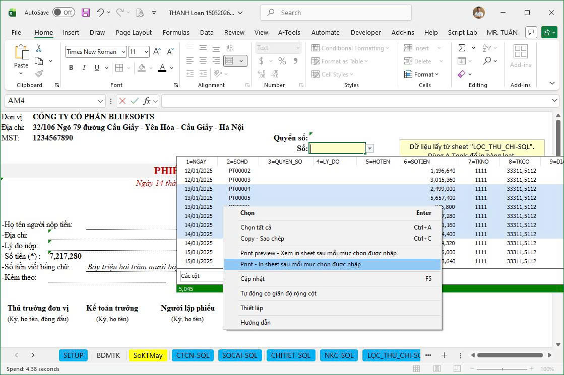 Hướng dẫn thiết lập In hàng loạt chứng từ trong Excel và Add-in A-Tools