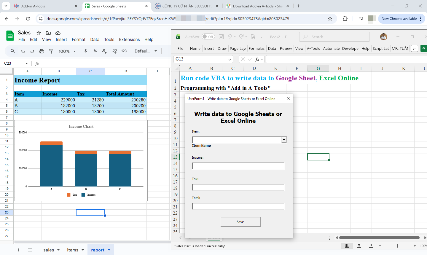 Lập trình VBA tạo Userform lưu dữ liệu lên Google Sheets hoặc Excel Online