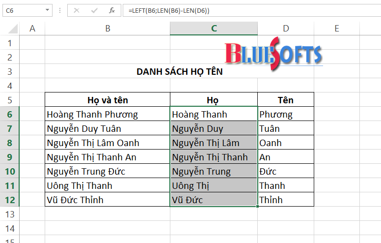 Hướng dẫn tách họ tên bằng thủ thuật trong Excel và hàm