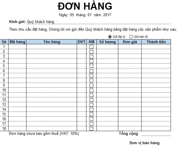 Lập đơn hàng, báo giá nhanh, chuyên nghiệp trên Excel