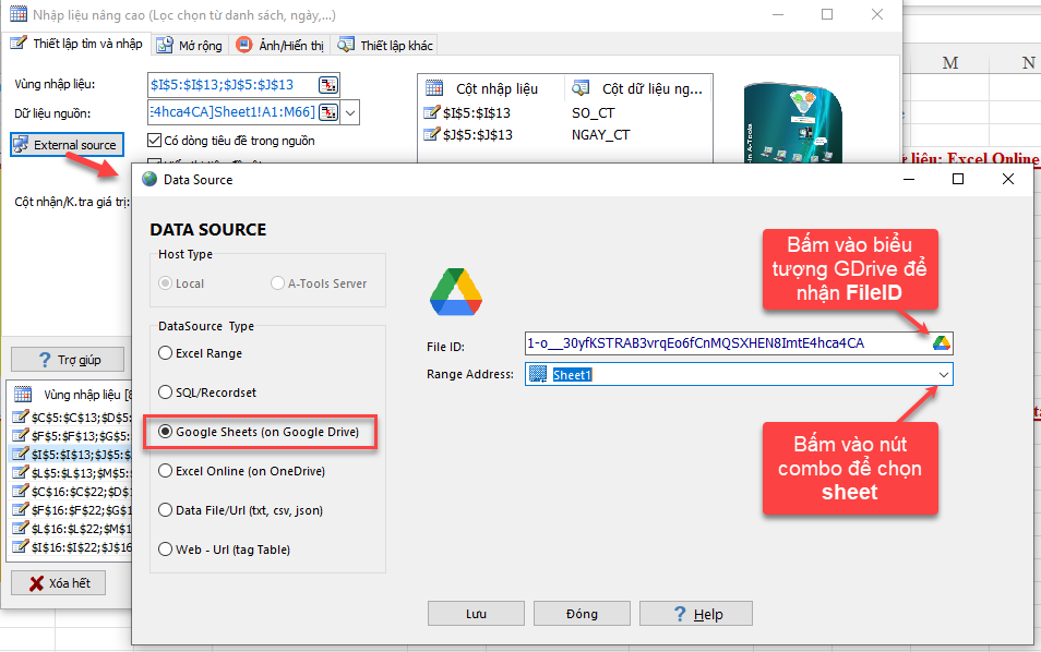 Nhập liệu nâng cao với nguồn dữ liệu là Google Sheets hoặc ExcelOnline